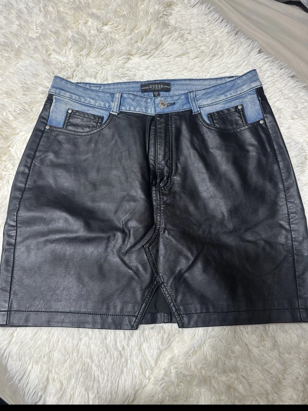 Vintage GUESS Black Faux Leather Mini Skirt with Light Denim Waistband